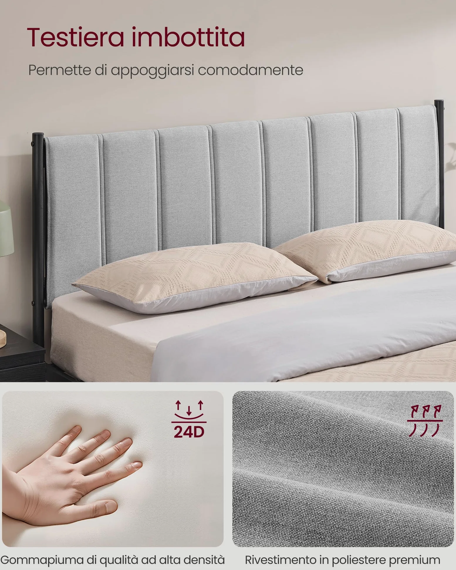 VASAGLE Struttura Letto Matrimoniale, 160 x 200 cm, con Testiera Imbottita, Telaio del Letto, Doghe in Acciaio, Regge fino a 500 kg, Montaggio Facile, Grigio Tortora RMB975G01