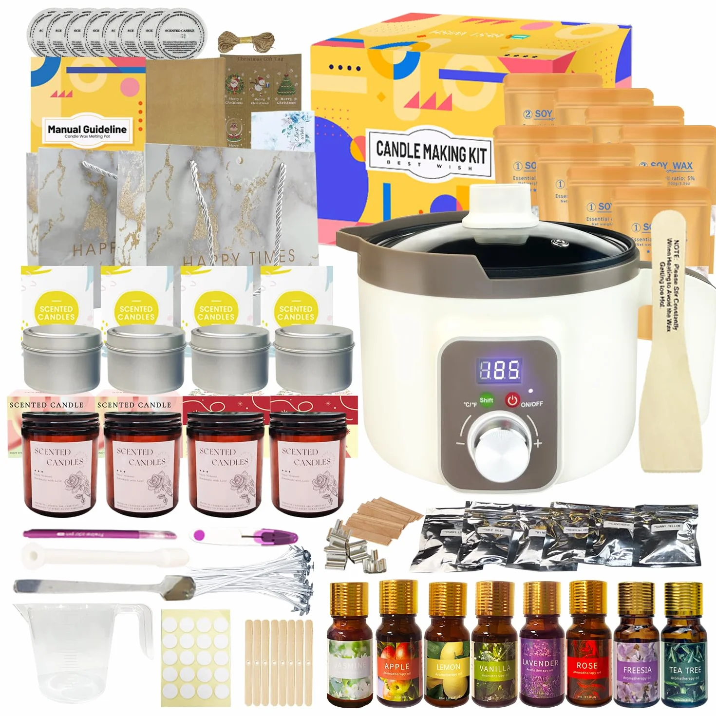 LINGQIAN Kit fabbricazione candele con fusore digitale di cera, cera di soia, 8 barattoli, 8 oli profumati