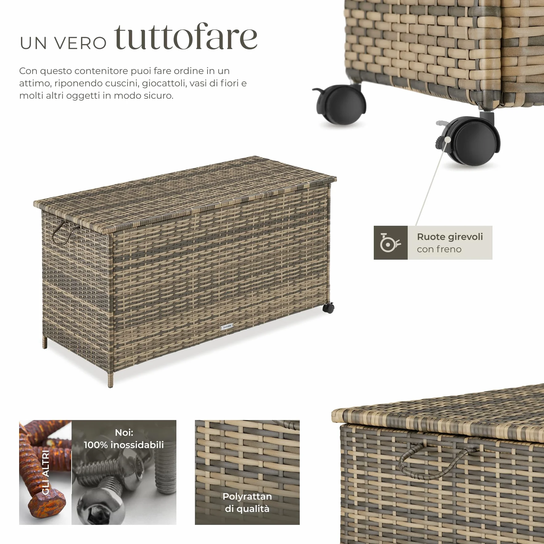 tectake Box Contenitore da Esterno 116x54x64 cm 253 L Polyrattan Alluminio Coperchio Rinforzato Rotelle Girevoli