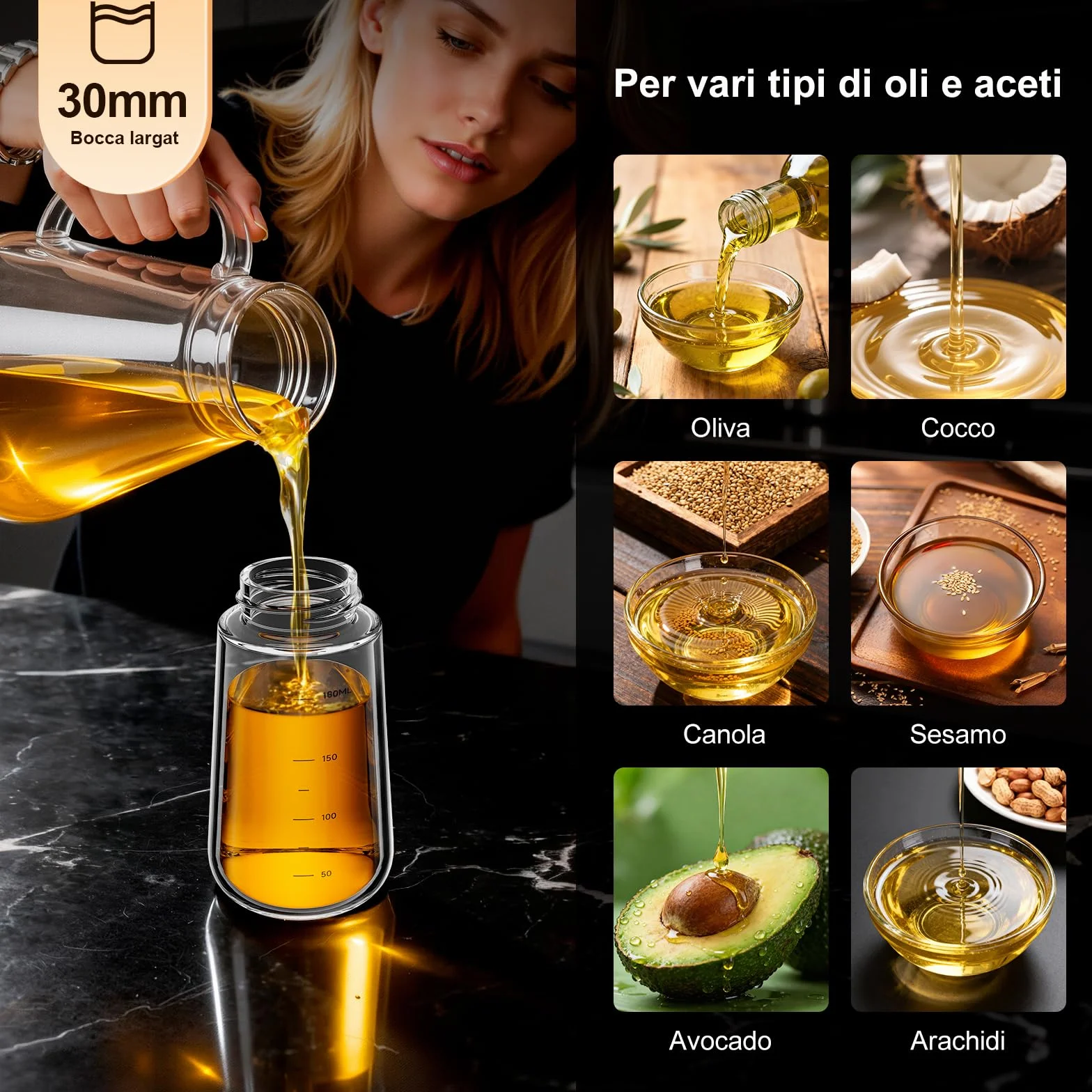 Ibergrif Spruzzatore Olio 180ml Bottiglia Spray Vetro Borosilicato per Friggitrice ad Aria Cucina Erogazione Precisa 1g Senza BPA Antigoccia Grigio M528B