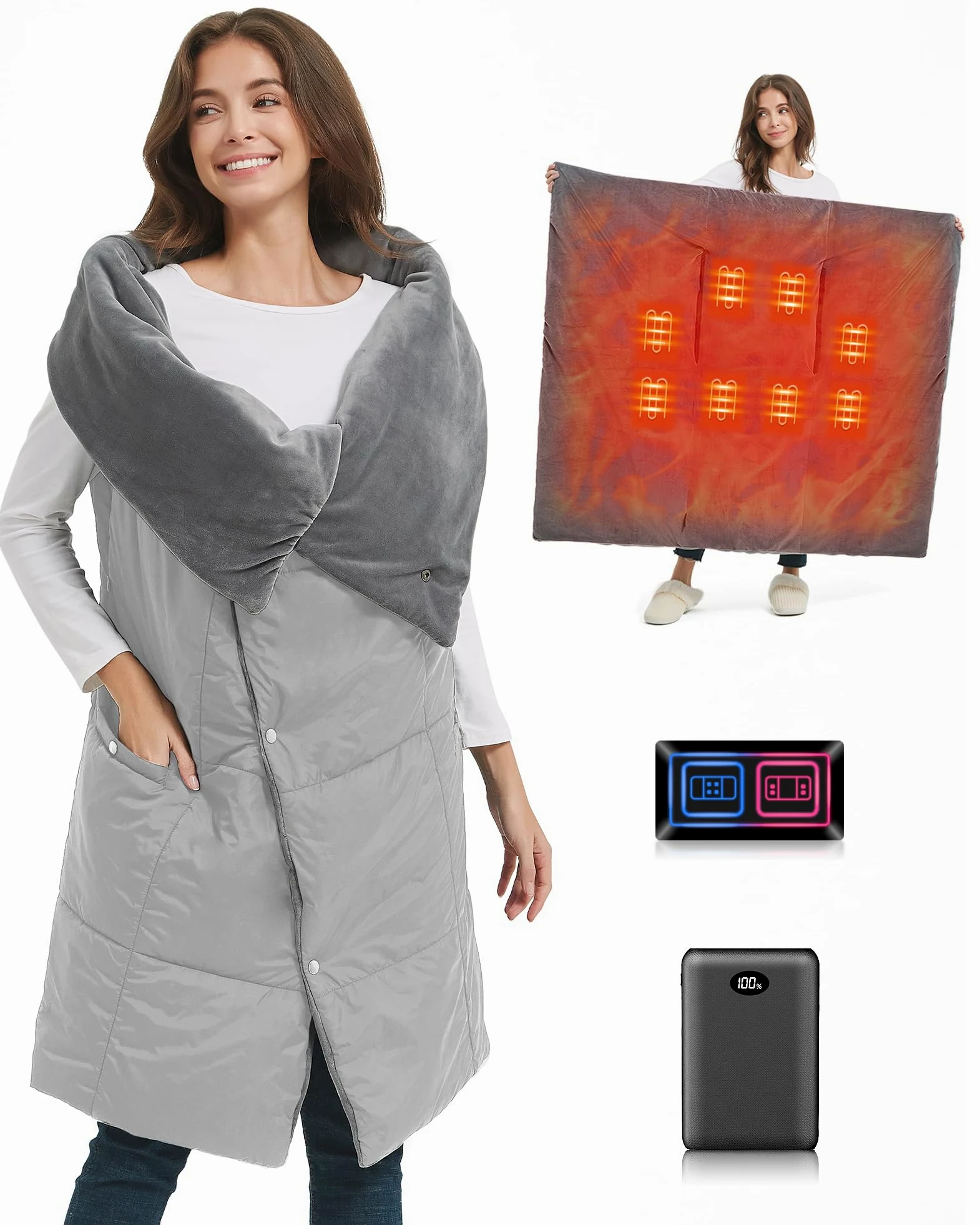 Fernida Coperta elettrica senza fili con batteria da 7,4 V, per uomo e donna, cuscino termico elettrico, portatile, scaldacollo, per casa, ufficio, viaggi, escursioni, grigio