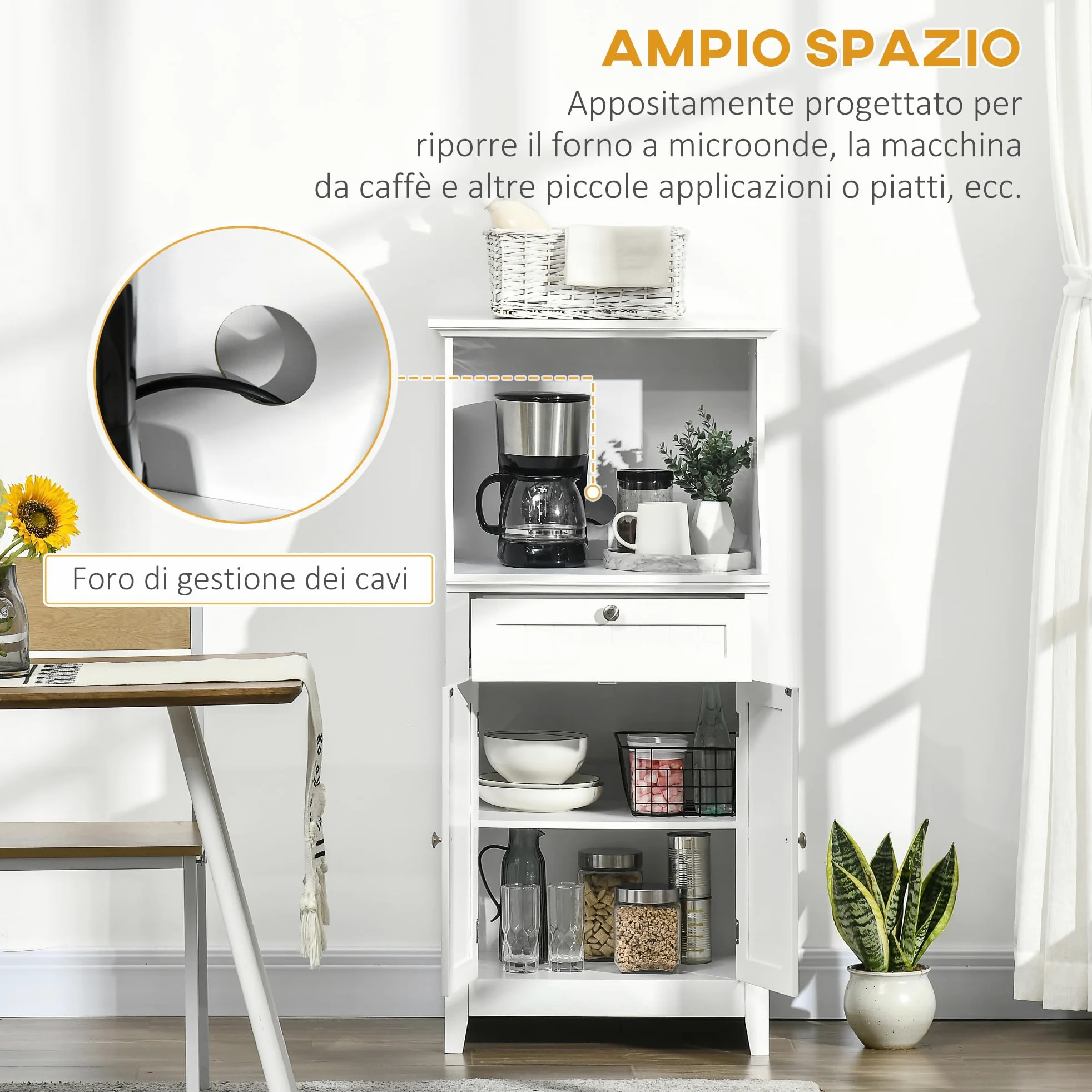 HOMCOM Mobile Cucina per Microonde e Piccoli Elettrodomestici, Mobile da Cucina con Supporto per Forno Microonde, Cassetto e Armadietto 2 Ante con Ripiano Regolabile, 60x40x122.5 cm, Bianco