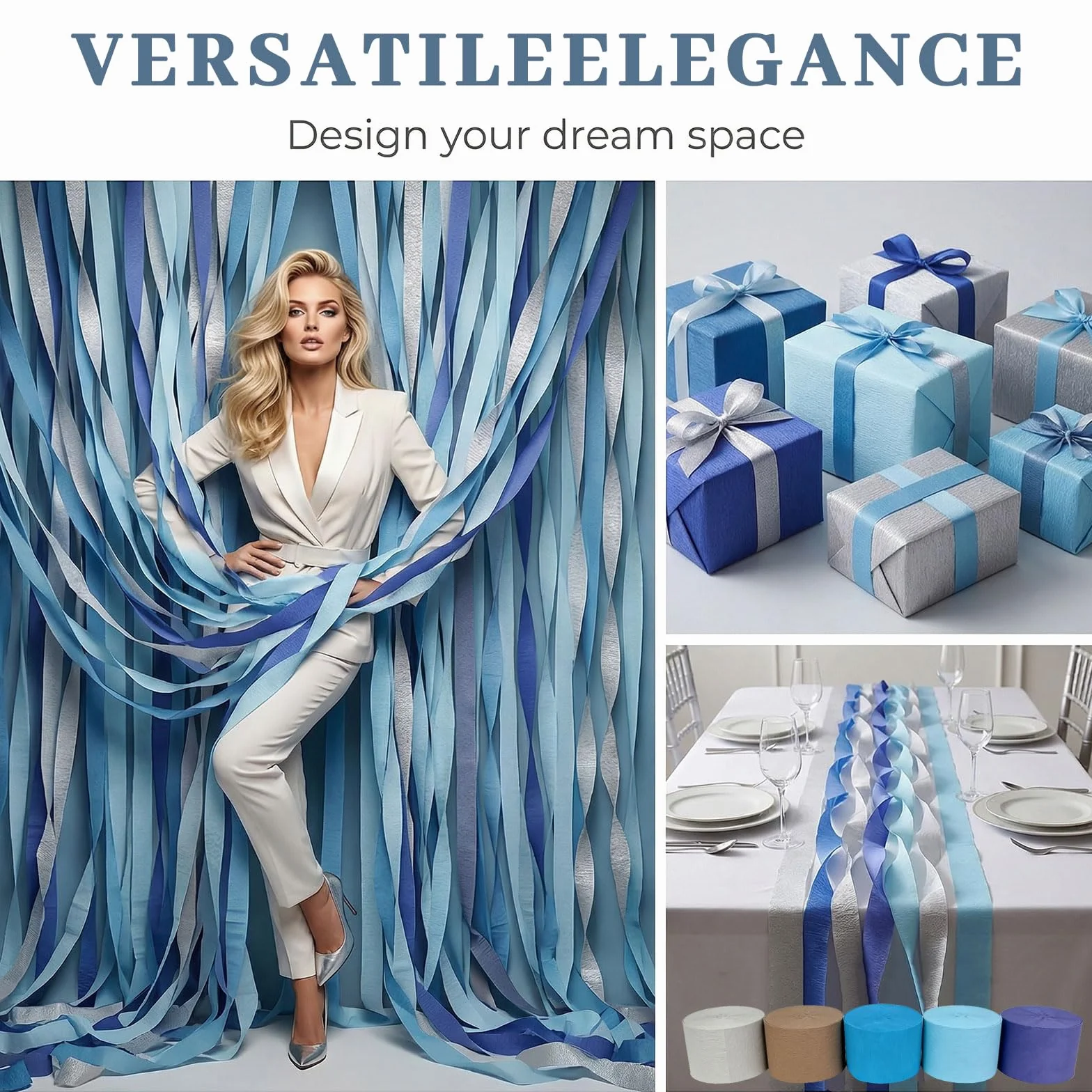 Rotoli Carta Crescentina Blu Polveroso Grigio Argento per Decorazioni Matrimonio Festoni Party Nuziale