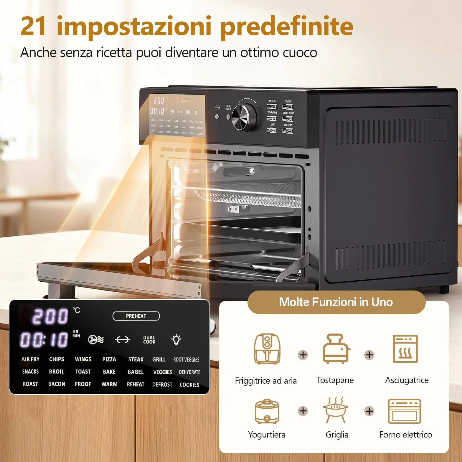 Friggitrice ad aria calda XXL 1800W, forno elettrico 21 in 1 con timer, Dual Cook