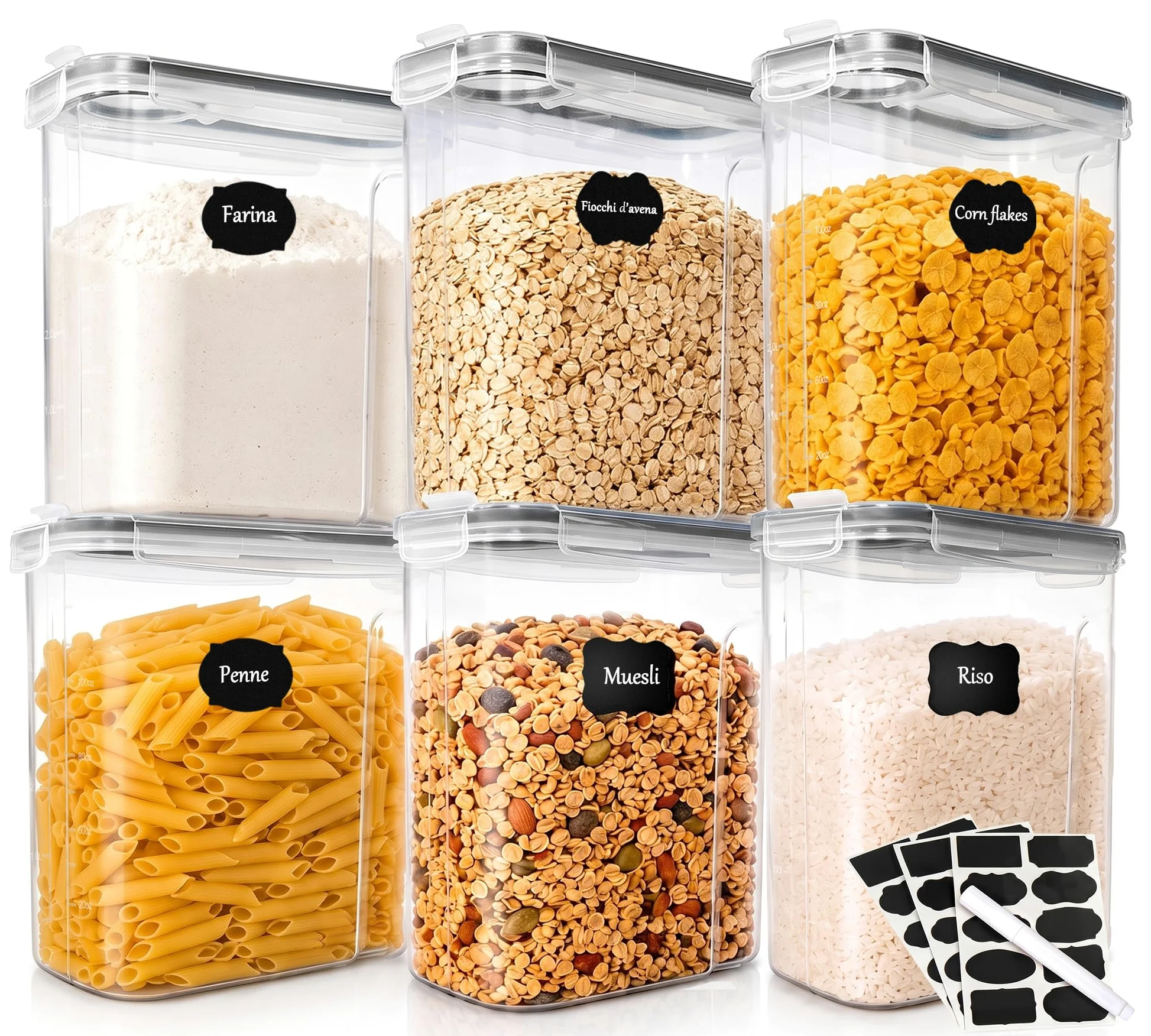 GoMaihe Contenitori Ermetici per Alimenti, 6 x 4 L, Muesli e Cereali | Una Confezione intera per Contenitore: ca. 750 g di Muesli o Cornflakes, 1,5 kg di Fiocchi d’avena, 2 kg Farina; Senza BPA