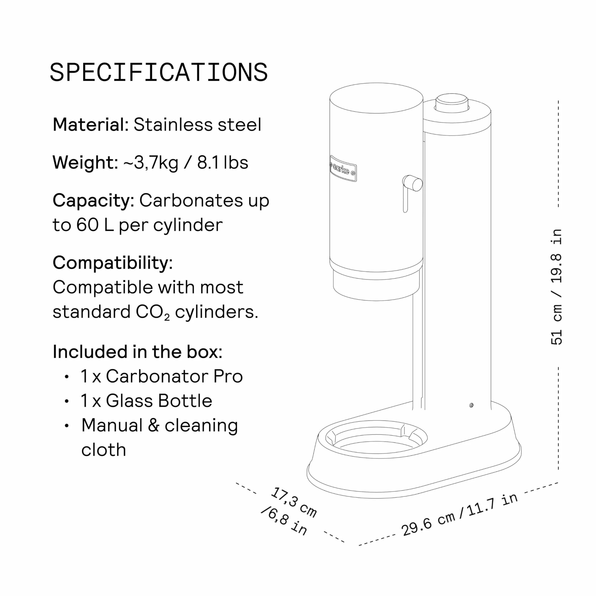 Aarke Carbonator Pro, Gasatore d’acqua con Bottiglia di Vetro, Finitura Acciaio