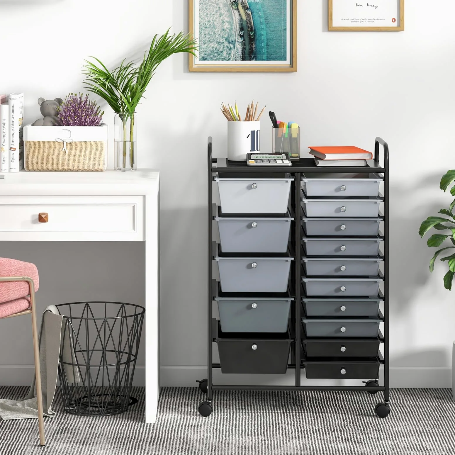 COSTWAY Carrello con 15 Cassetti Impilabili, Carrello di Stoccaggio con Ruote, Carello Portaoggetti per Casa e Ufficio, 63 x 37 x 87 cm (Nero 2)