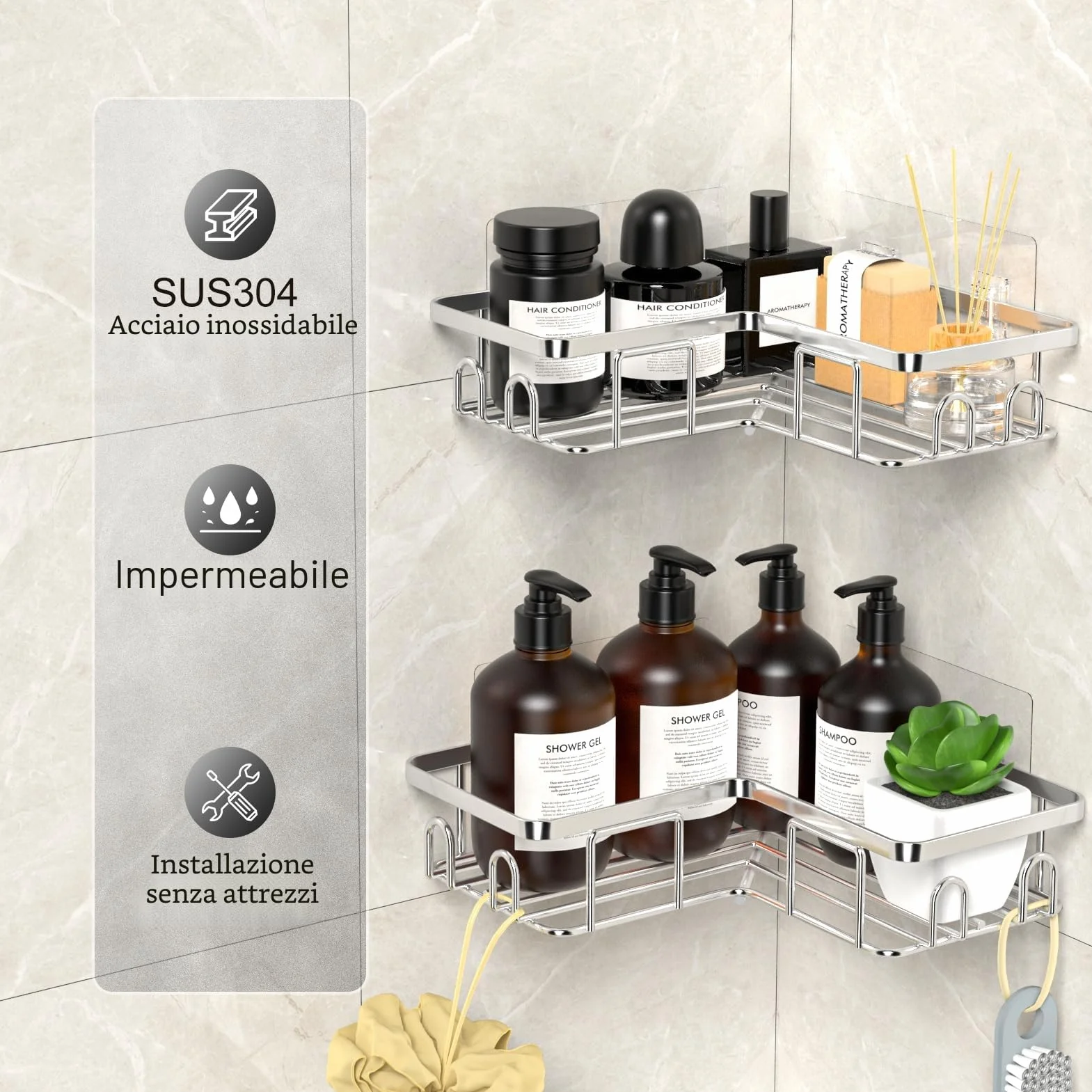Mensola Doccia Angolare Porta Sapone Acciaio Inox 2 Pezzi Argento