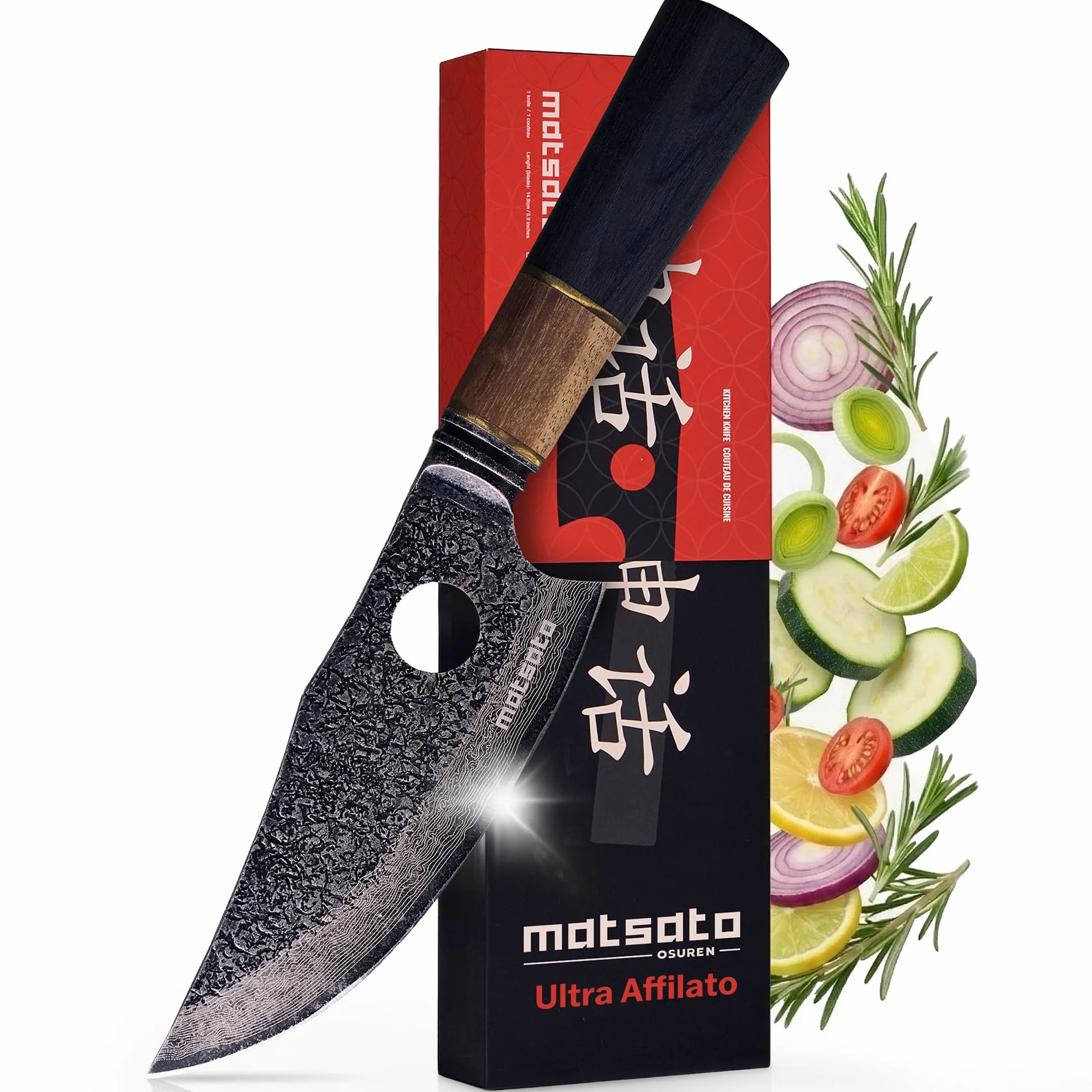 Matsato Osuren Coltello da Cucina Lama Acciaio Giapponese 16cm Damascato Manico Legno