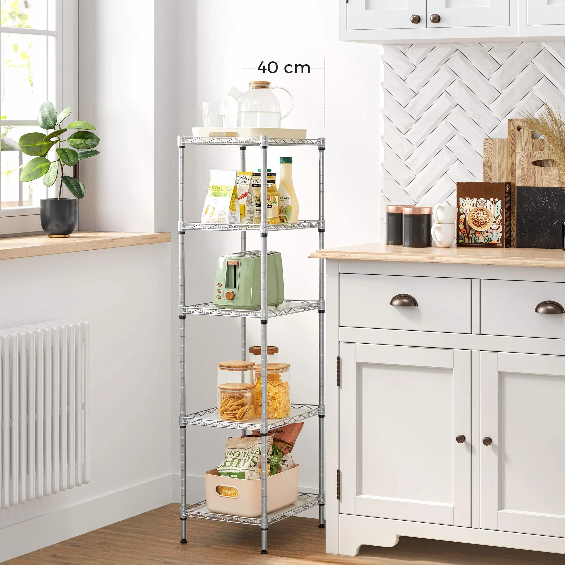 SONGMICS Mensola da cucina a 5 livelli, 8 ganci, regolabile in altezza, metallo, argento LGR115E01