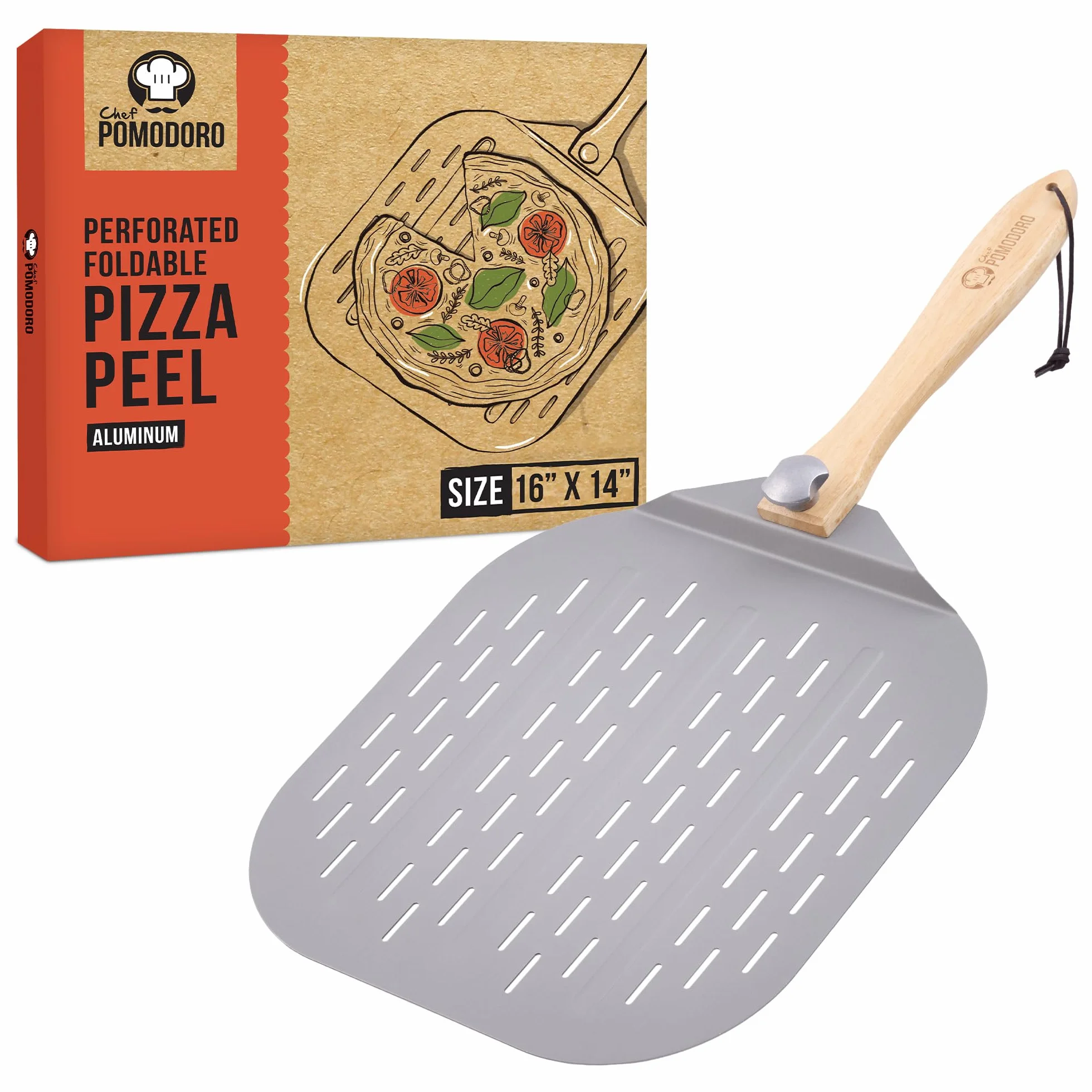 Pala per Pizza Forata in Alluminio con Manico Pieghevole 35,6 x 40,6 cm Chef Pomodoro