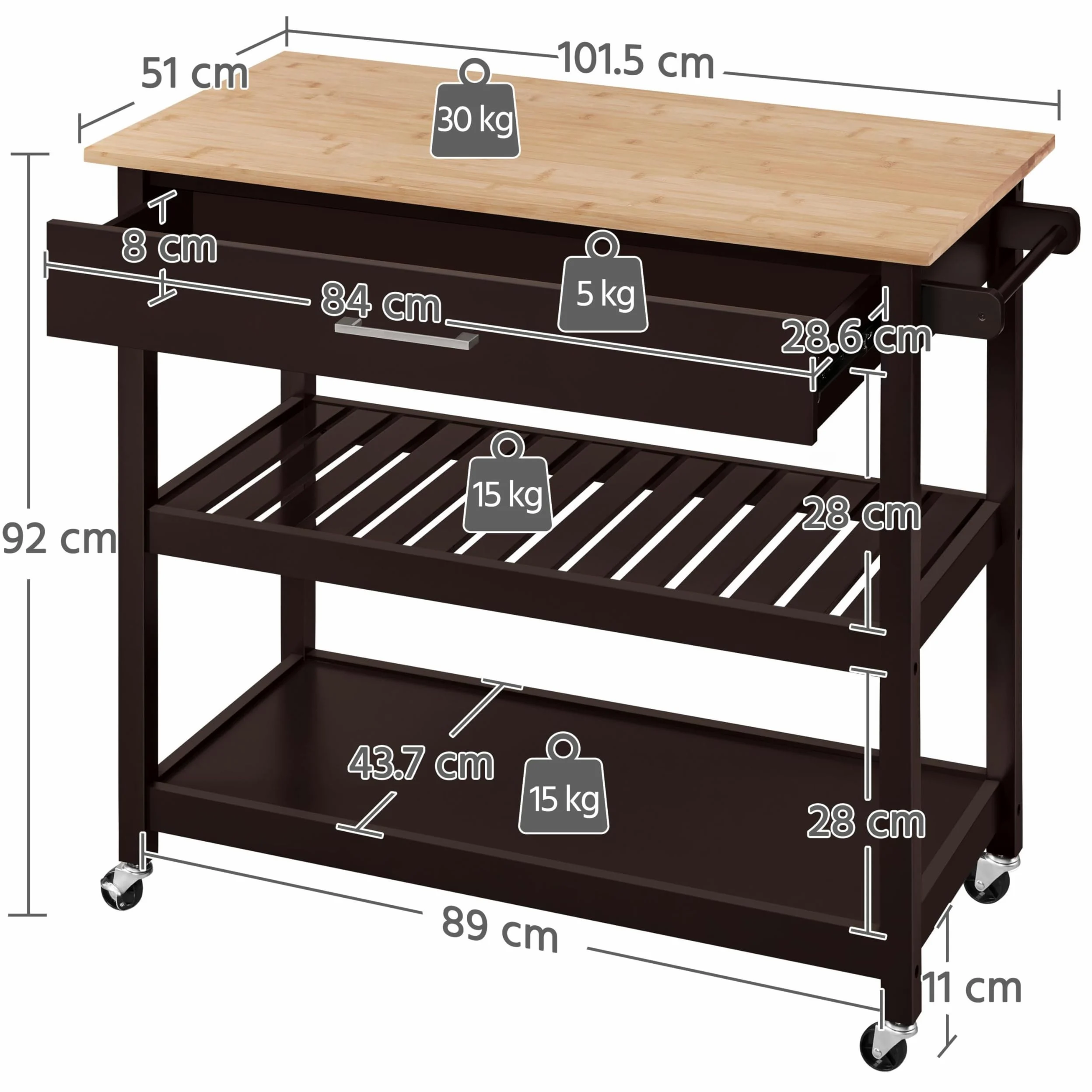 Yaheetech Carrello da Cucina a 3 Ripiani con Ruote Credenza Salvaspazio per Microonde con Cassetto per Cucina Dipensa o Bar 101,5 x 51 x 92 cm Marrone Scuro
