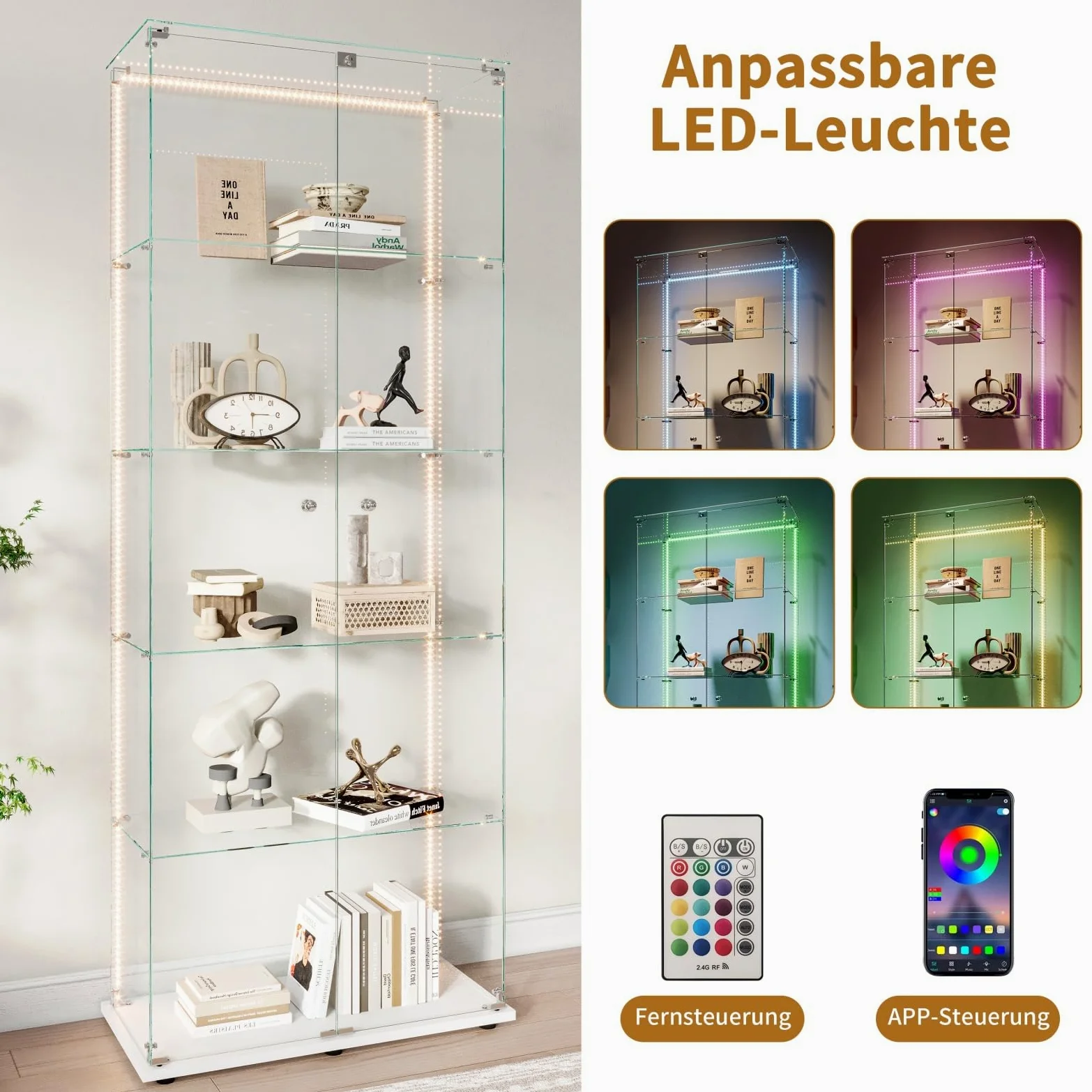 BestAlice Vetrina in vetro, armadietto da collezione con striscia luminosa a LED e lucchetto, armadietto con 2 ante, 5 ripiani, cassetta di presentazione, mobili trasparenti, per soggiorno, bar