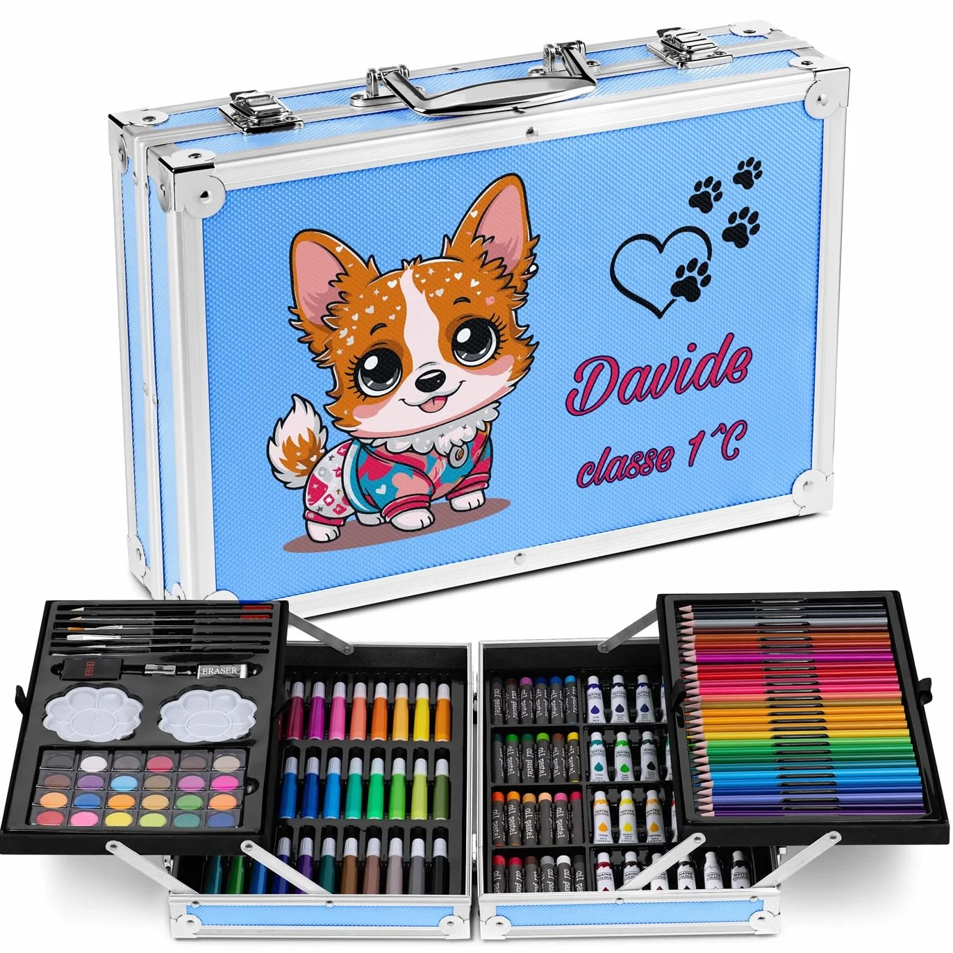 Maverton Valigetta Colori Personalizzata - Azzurra o Rosa a 2 Piani - Set Pittura e Disegno - Kit Matite Colorate Pastelli Pennarelli Colori a Matita - Regalo Bambini Compleanno