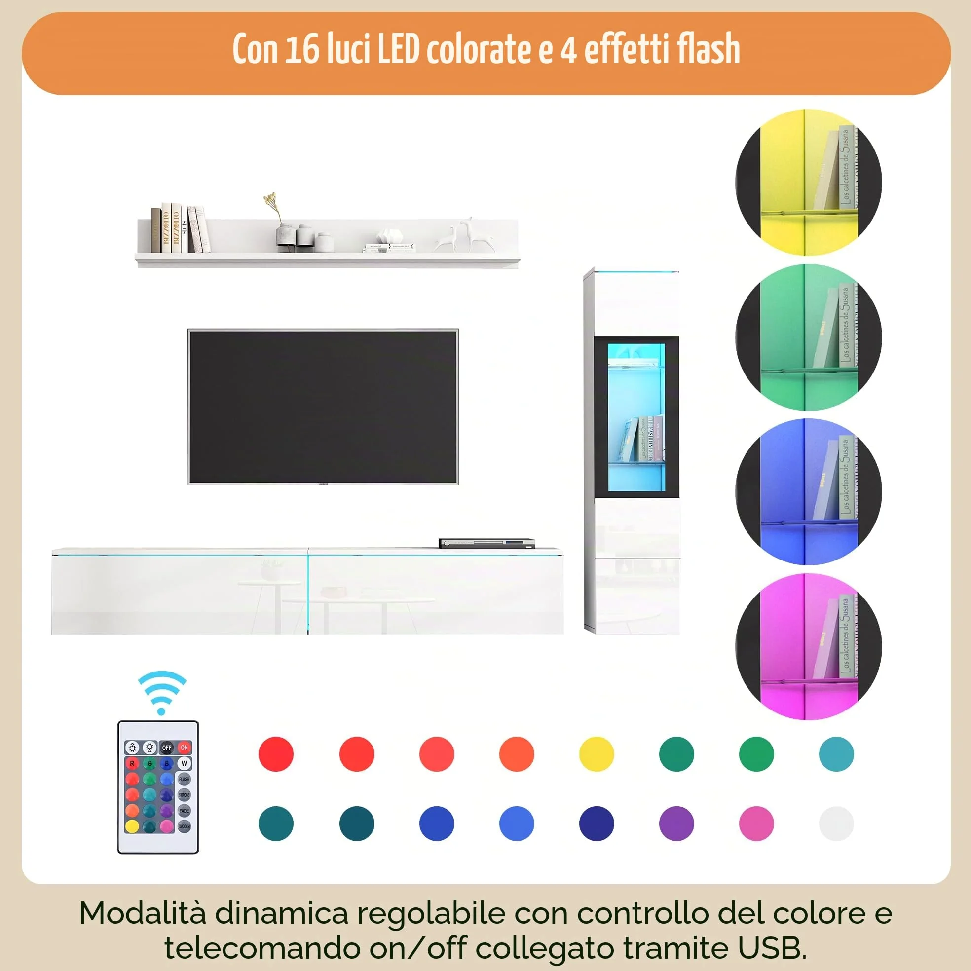KAZZIO Set da parete per TV, 3 pezzi, illuminazione a LED, lucido, per soggiorno, 1 armadio per TV, 1 vetrina per soggiorno, 1 mensola da appendere (bianco)