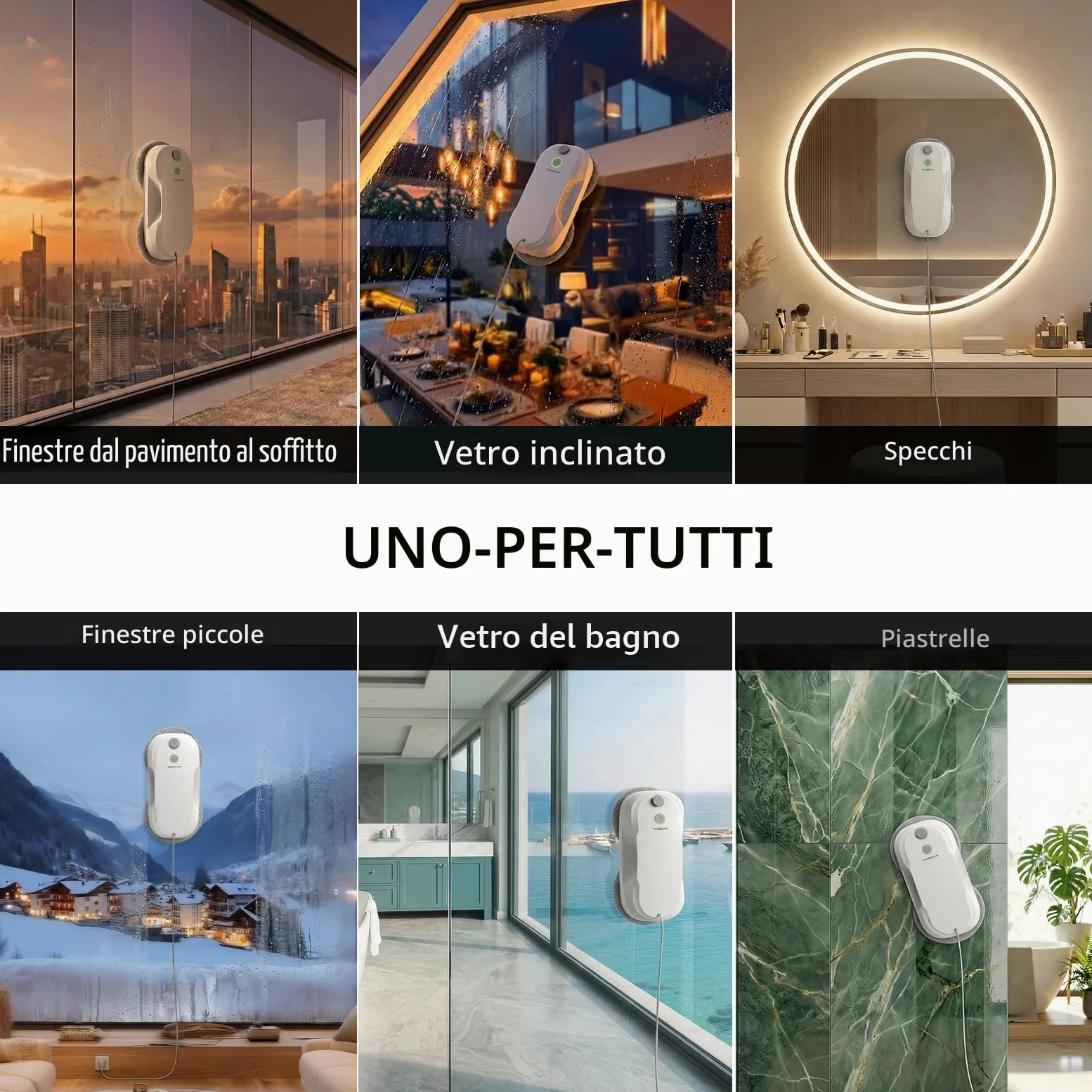 Tosima W5 Robot Lavavetri Finestre, Robot Pulisci Vetri con Doppio Spray, Telecomando, Lavavetri Automatico Sicurezza Tripla per Superfici Lisce Interni/Esterni(8 Panni)