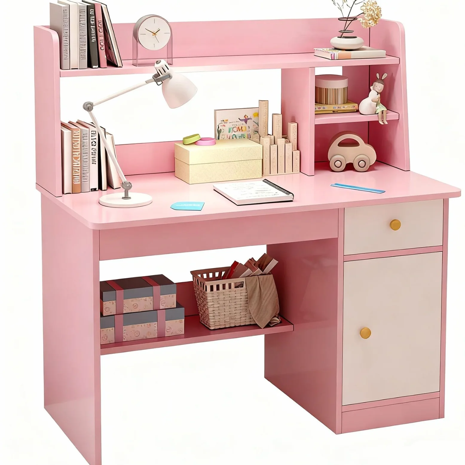 Scrivania In Legno con Ripiani Armadietto Cassetto Tavolo Scrivania per Bambini 3-12 Anni Banco Scuola per Ragazzi In Legno per Cameretta Sala Studio A