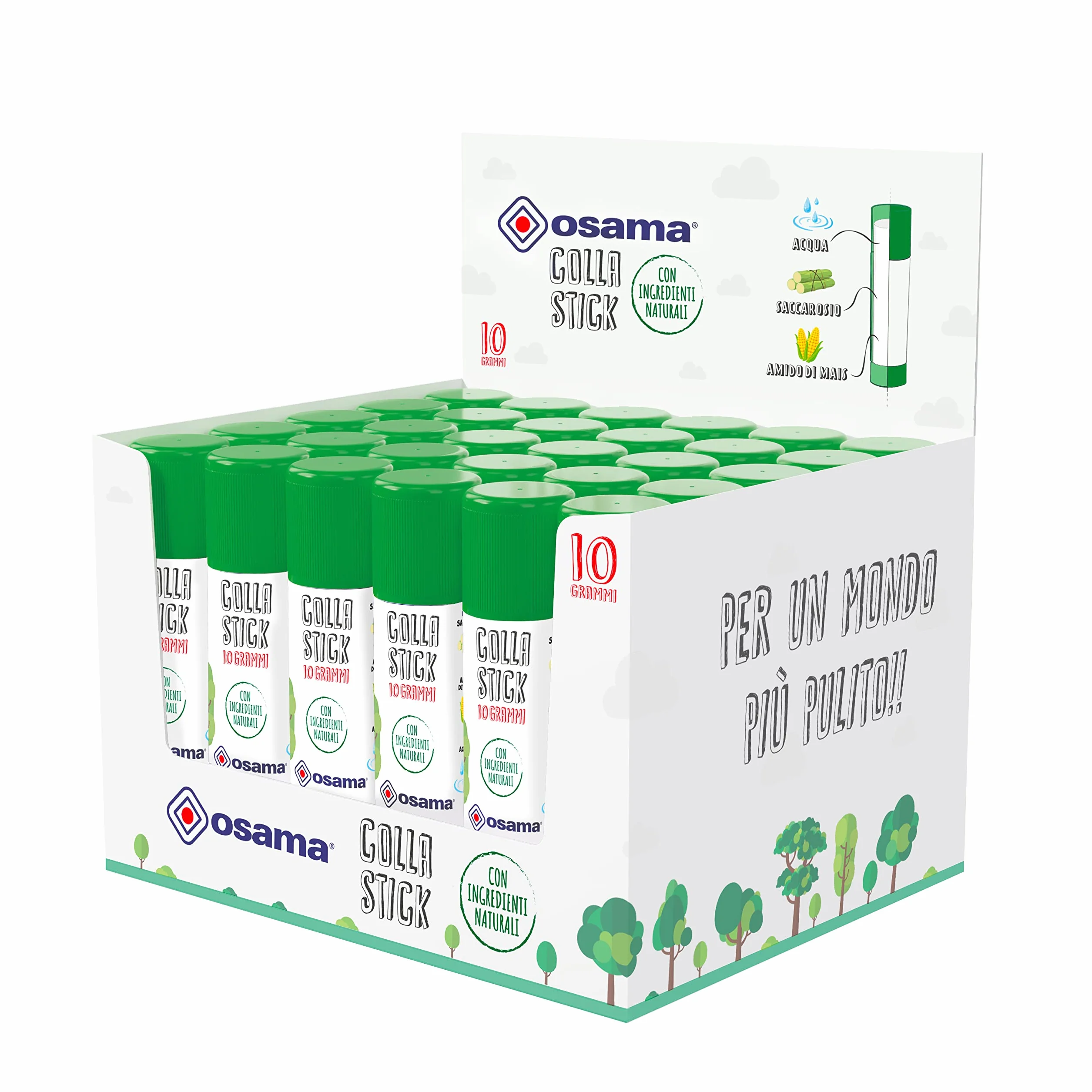 Osama - Colla Stick Extra Forte, Box da 30 Pezzi, 10 gr - Set Colle Stick Ideale per Cancelleria Scuola, Ufficio e Università - Scorrevole, Resistente e Adatta ai Bambini, con Ingredienti Naturali