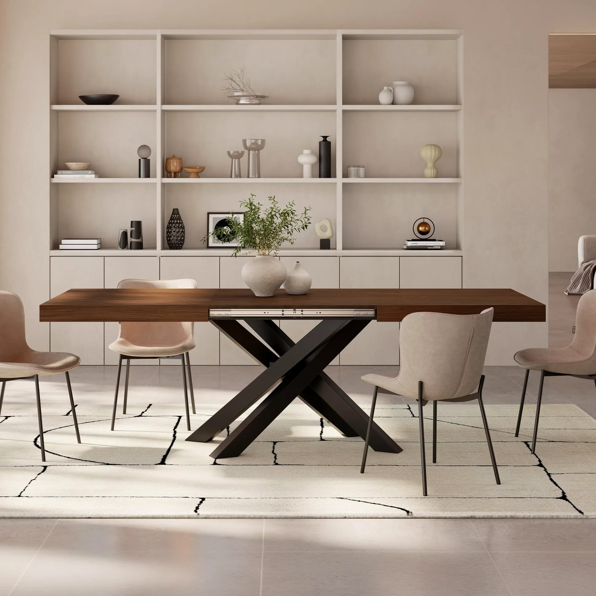 Mobili Fiver, Tavolo Allungabile Emma 160(240) x90 cm, Noce Canaletto con Gambe Incrociate Nere, per 6-10 persone, Tavolo Cucina, Soggiorno, Made in Italy