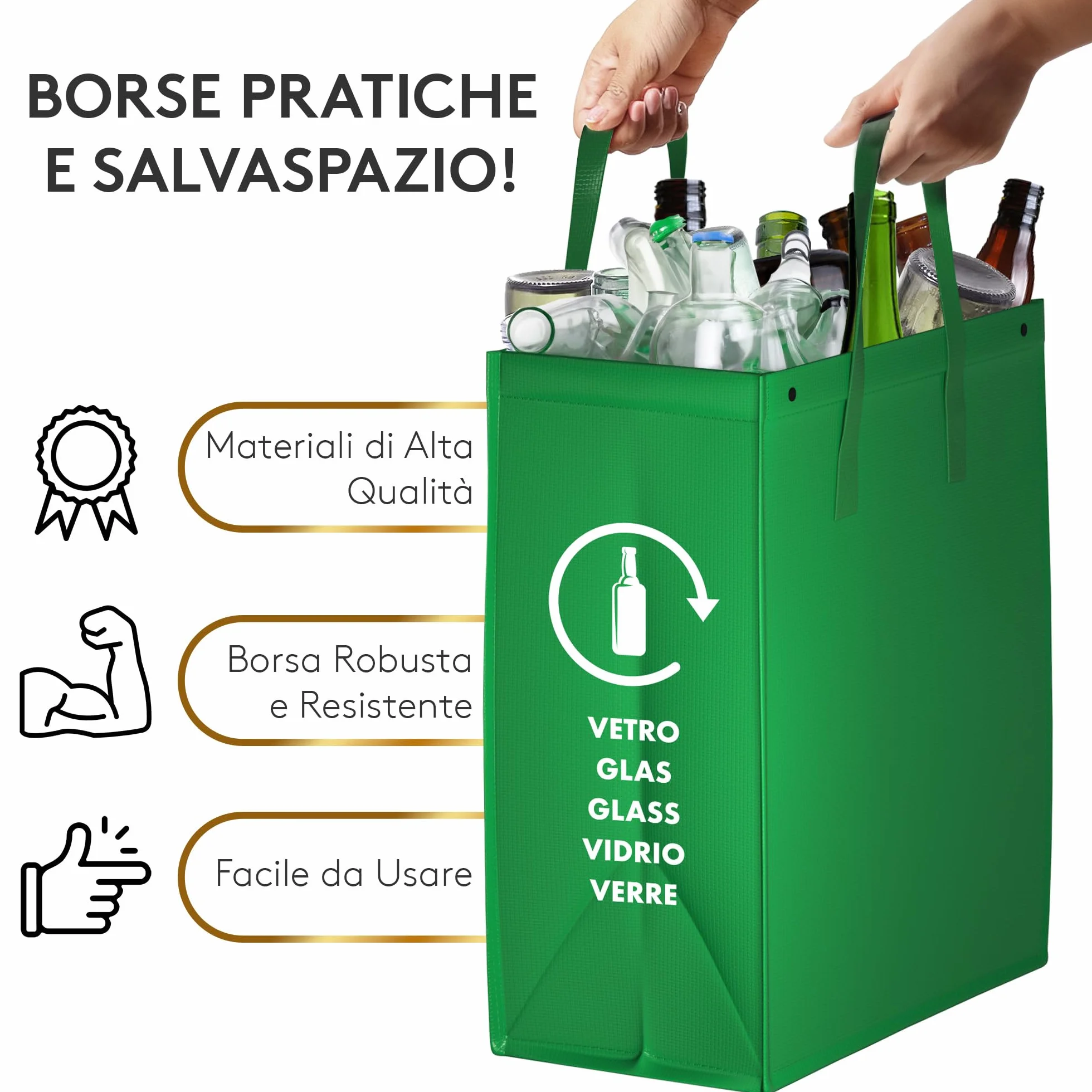 Borse Raccolta Differenziata - 3 Bidoni Differenziata da Interno ed Esterno per Carta, Plastica e Vetro - Set Pattumiera Differenziata 3 Scomparti - Pattumiera Sottolavello