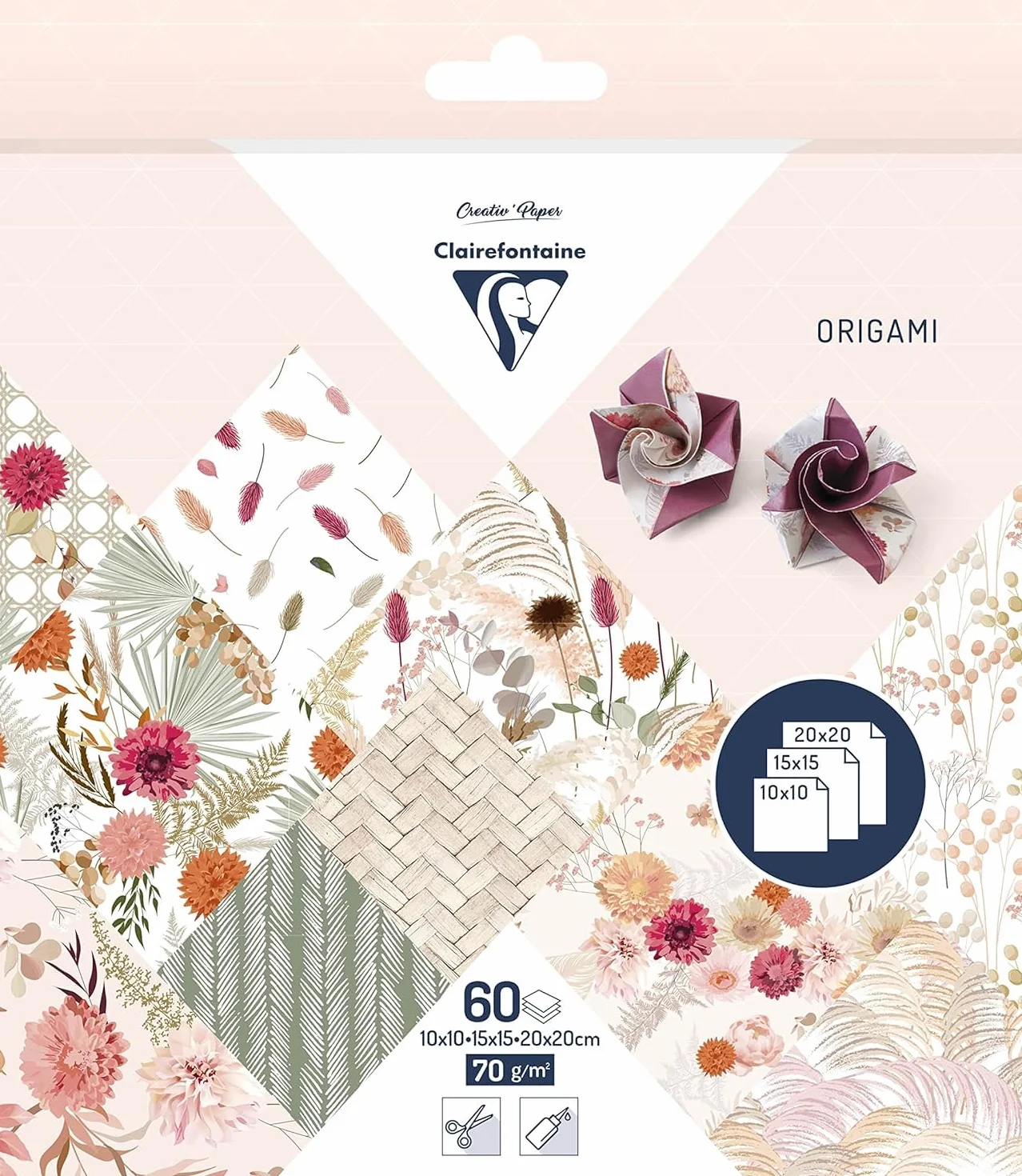Clairefontaine 95371C Carta Origami 70g/m² 60 fogli 3 misure 10x15x20cm 10 Motivi colori assortiti