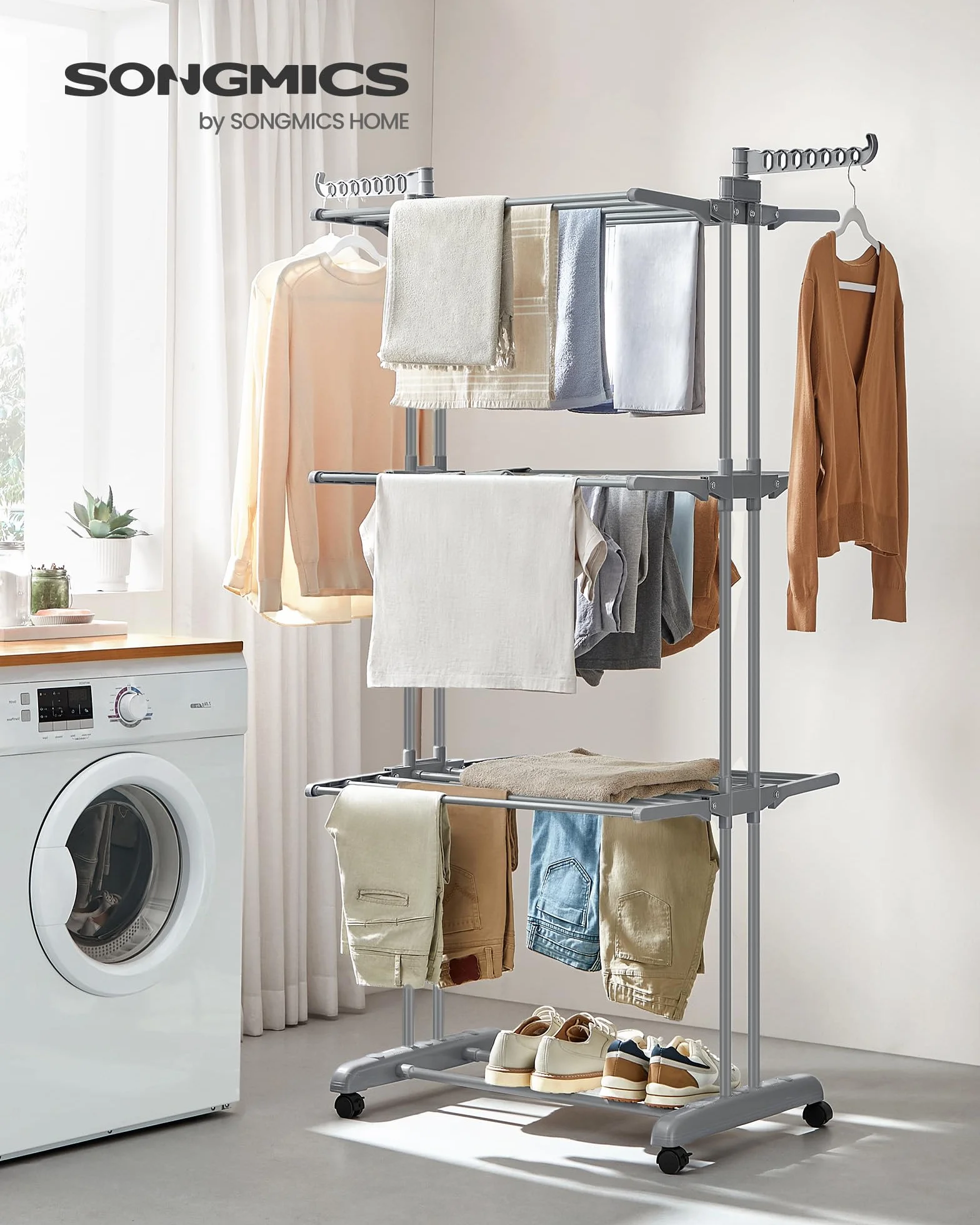 SONGMICS Stendibiancheria Pieghevole 4 Livelli con Ruote 63,5x128x173 cm Grigio LLR701G01