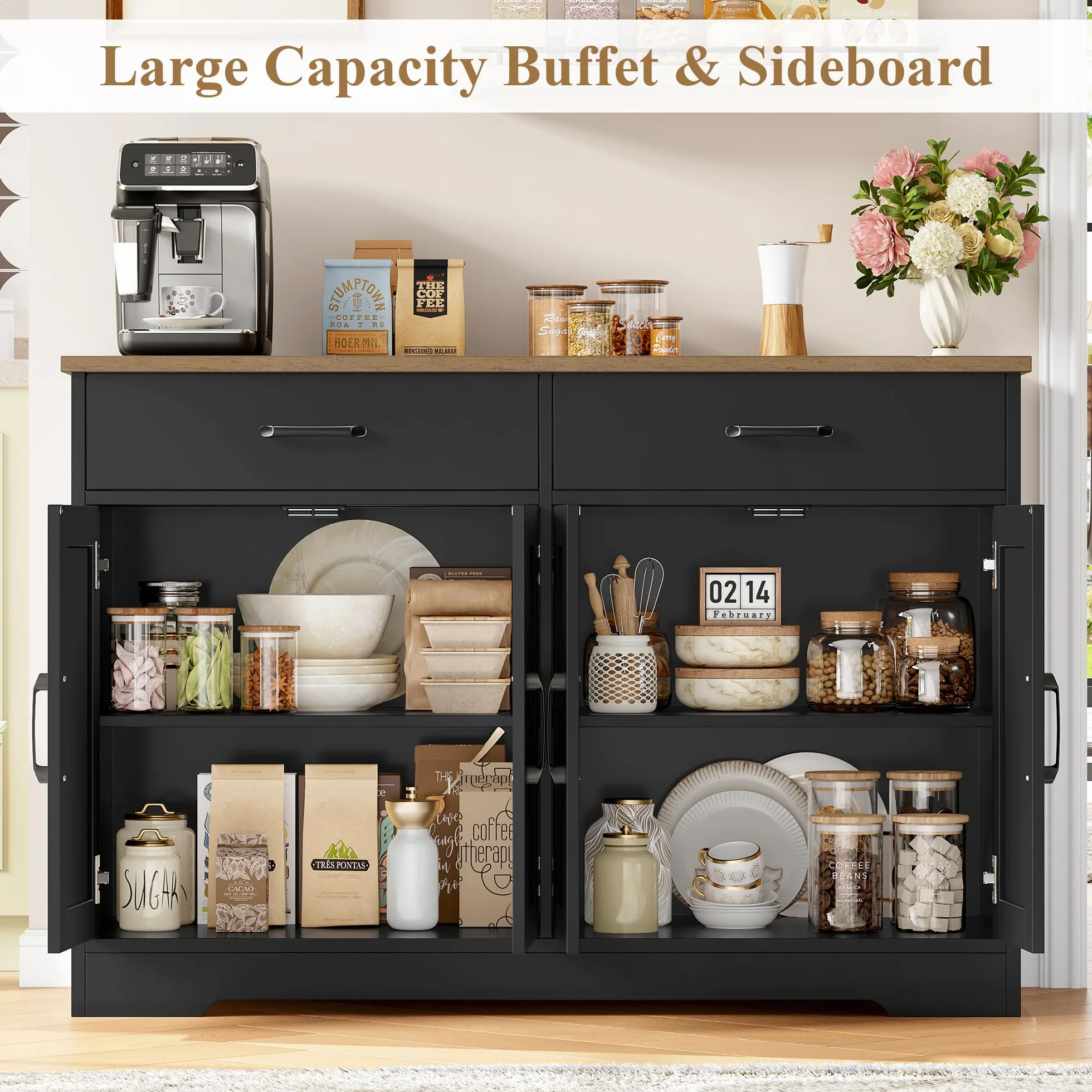 HOCSOK 120 cm Credenza Cucina, Mobile Cucina con 2 Cassetti e 4 Armadi，Buffet Mobile Moderno, Credenza Soggiorno, Mobile per Cucina Ingresso Foyer, Sala da Pranzo, Nero +Marrone