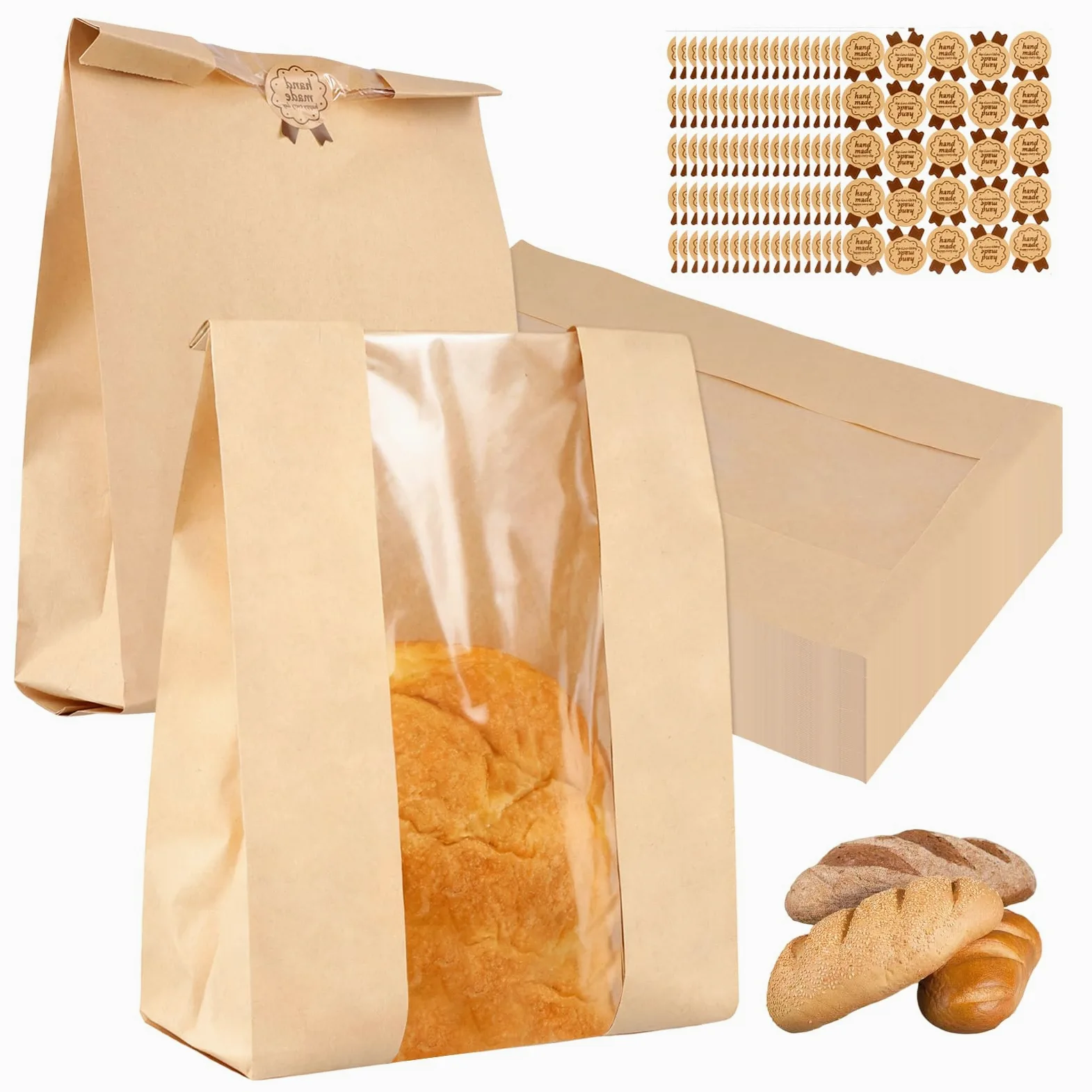 Confezione da 200 sacchetti per pane con finestra trasparente e adesivi sigillanti, sacchetti di carta per alimenti, sacchetti per pani fatti in casa, biscotti, ciambelle, 35 x 21 x 9 cm